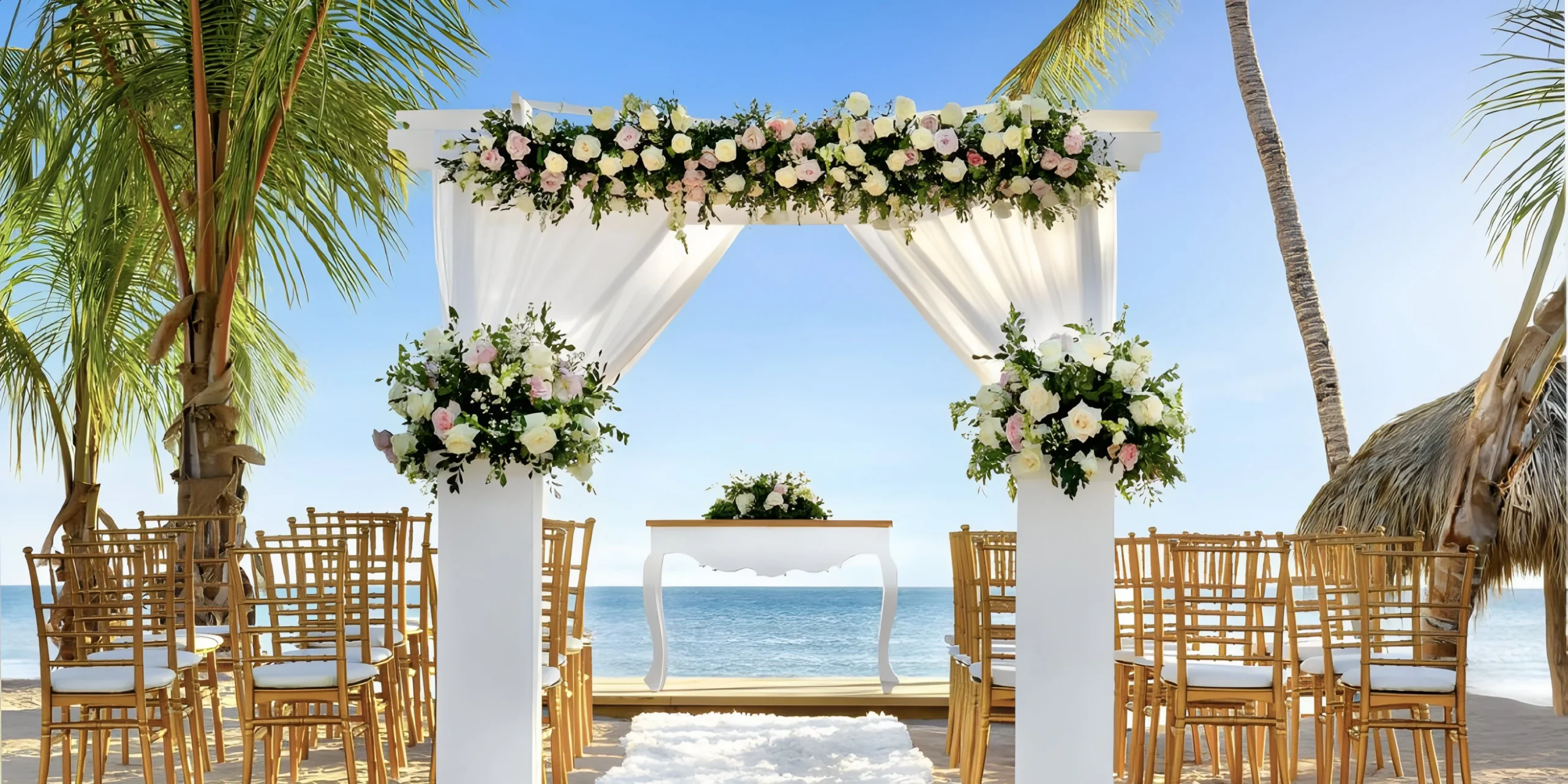 Beach wedding ceremony setup at Sunscape Coco Punta Cana overlooking the Caribbean Sea