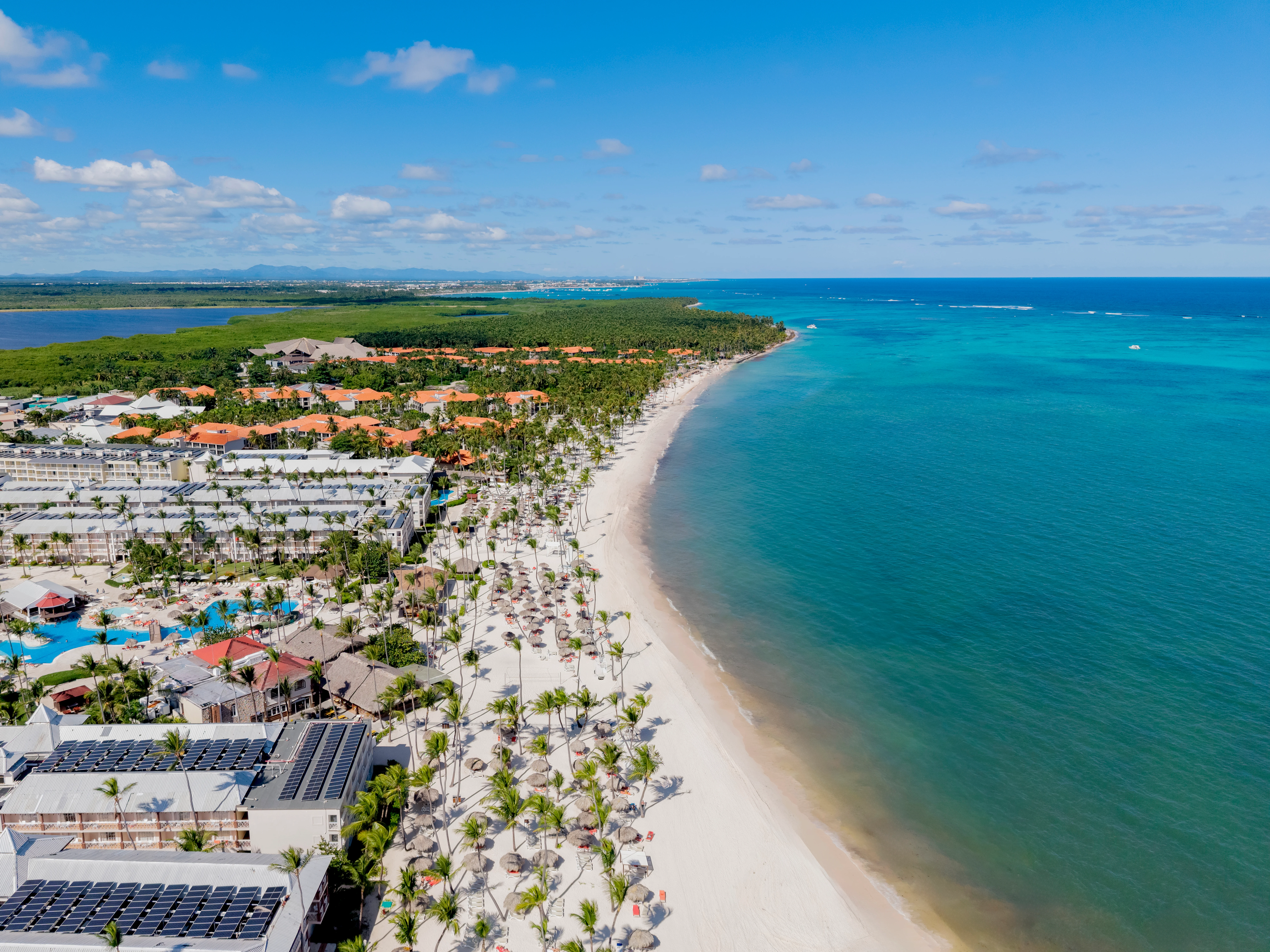 Aerial coastline view of Sunscape Coco Punta Cana and white sand beach.